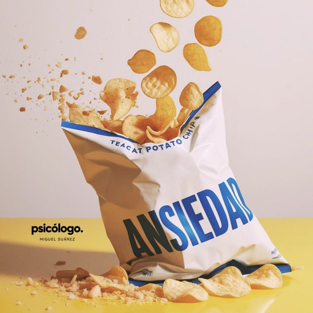 Bolsa de patatas con la palabra ‘ansiedad’ explotando y esparciendo chips, simbolizando la comida emocional relacionada con la ansiedad.